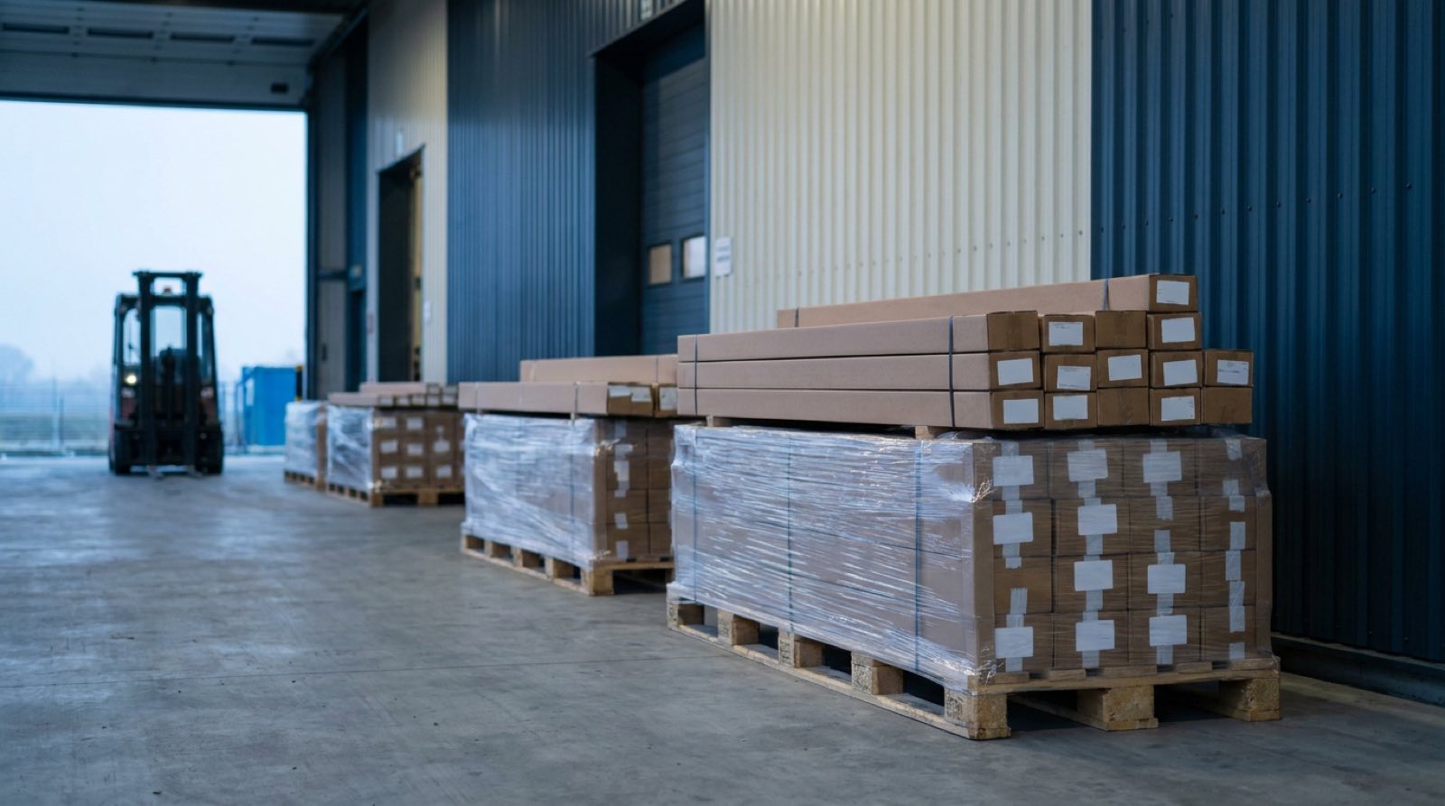 Loading dock of a European manufacturer with palletized made-to-measure goods packed for cross-border shipping.